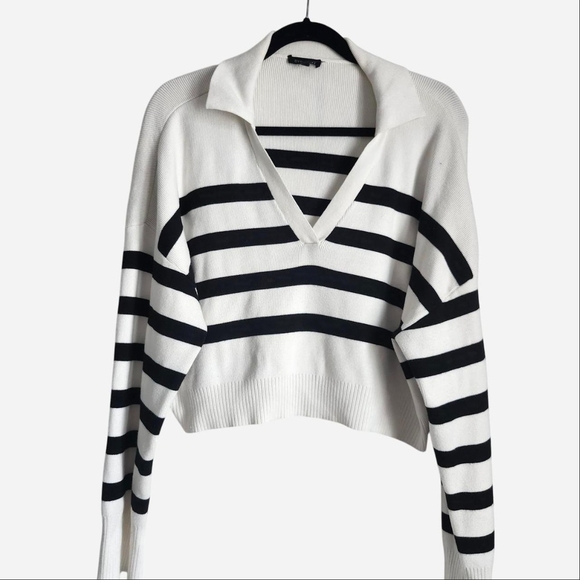 Dynamite Black and White Striped V-Neck Polo Sweater - Picture 1 of 5
